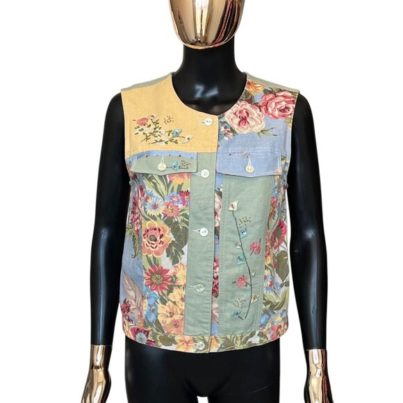 Susan Bristol Multicolor Patchwork Floral Linen Cotton Button Front Vest Small - Picture 2 of 13
